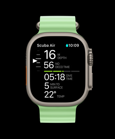 Apple Watch Ultra 3, natural colour, titanium case, Oceanic+ dive metrics: depth, deco time, dive time, minutes to surface, water temperature, Ocean Band, neon green colour
