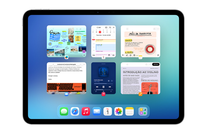 Tela de um iPad na horizontal mostrando seis janelas abertas em duas linhas, incluindo os apps Calendário, Notas, Música e Safari