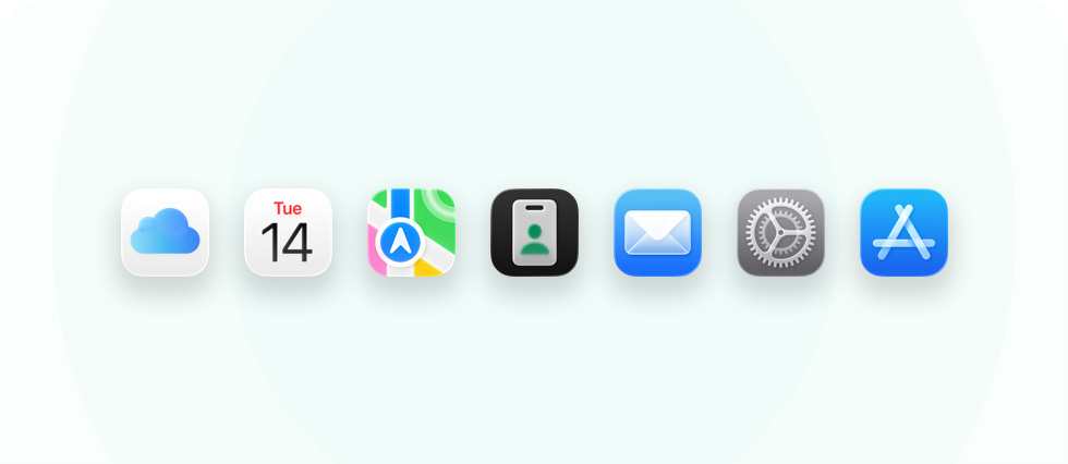 A lineup of business-related apps and tools including iCloud, Calendar, Maps, Apple Business, Mail, Settings and App Store
