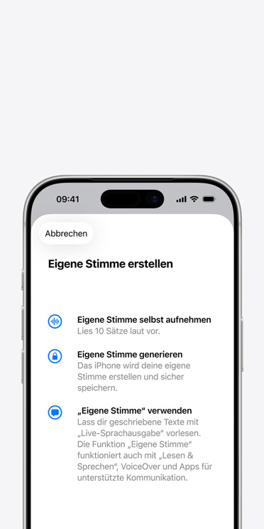 iPhone 17 Pro Bildschirm mit der Funktion Eigene Stimme und einer Anleitung zum Erstellen deiner eigenen Stimme
