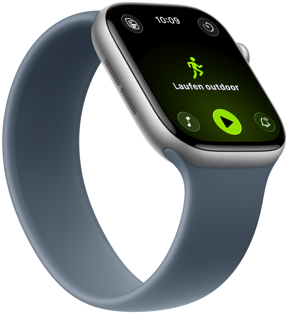 Apple Watch Series 11, Aluminiumgehäuse, Farbe Space Grau, Outdoor-Lauftraining, Apple Music Steuerelemente unten, Solo Loop, Farbe Maritimblau