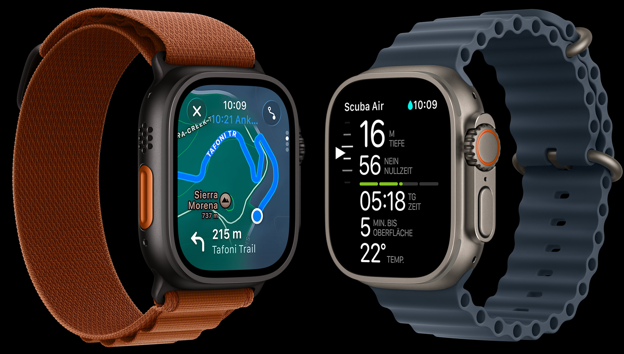 Apple Watch Ultra 3 Geräte, Titangehäuse, Farben Schwarz und Natur, Wanderkarte, Messwerte fürs Tauchen, Armbänder, Alpine Loop, Farbe Terracotta, Ocean Armband Farbe Maritimblau