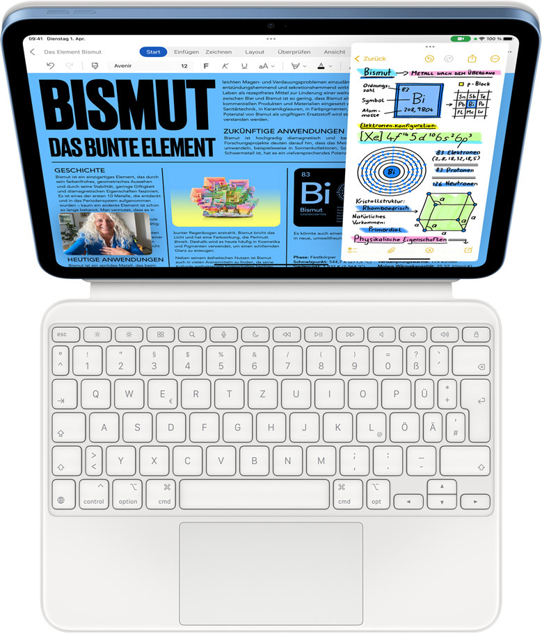 iPad, das an einem Magic Keyboard Folio befestigt ist, der Bildschirm zeigt Slide Over mit Microsoft Word und Notizen, gleichzeitig findet ein Anruf mit FaceTime statt