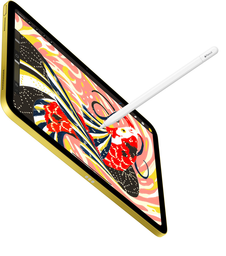 Ein iPad zeigt die bunte Illustration eines Fisches in der Procreate App, ein Apple Pencil zeichnet auf dem iPad