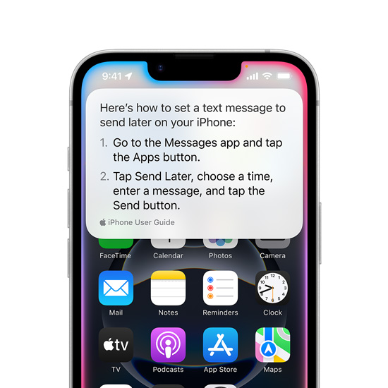 iPhone 16e showing text pop-up from Siri with instructions on how to set a text message to send later.