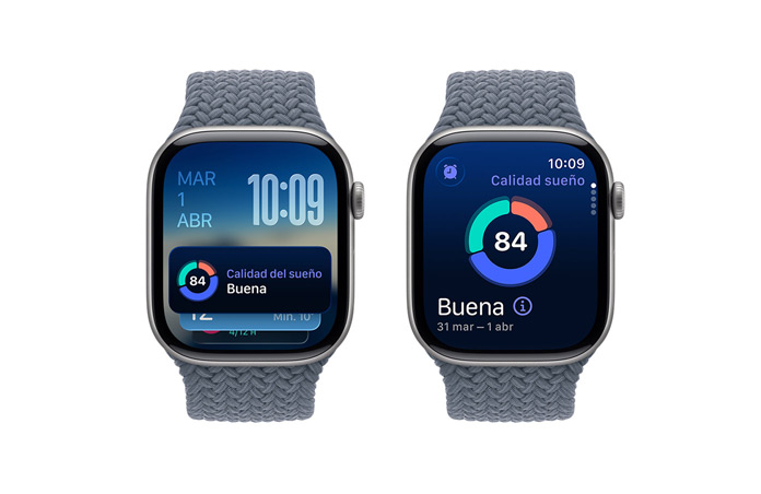 Apple Watch Series 11, color gris espacial, caja de aluminio, indicación del Grupo Inteligente, notificación de Calidad del Sueño, lateral derecho, Digital Crown, correa Solo Loop trenzada, color azul náutico