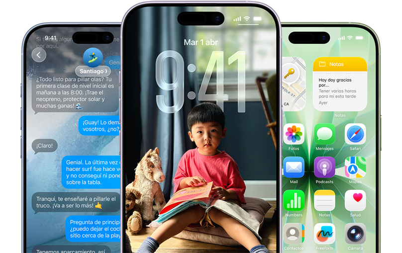 Dispositivos iPhone 17, parte delantera, colores: azul neblina, lavanda y verde salvia, prestaciones de iOS - Fondo con mensajes, Liquid Glass que muestra la pantalla de bloqueo y la pantalla de inicio con diversas apps