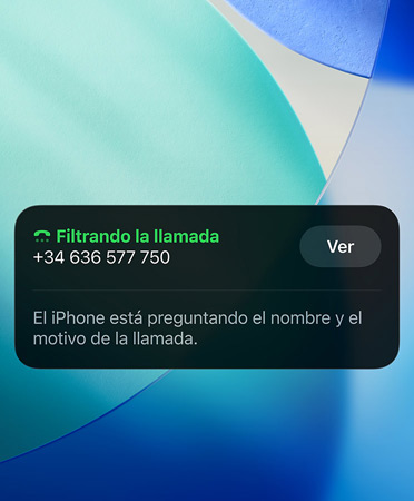La app Teléfono con la prestación Filtro de Llamadas en uso