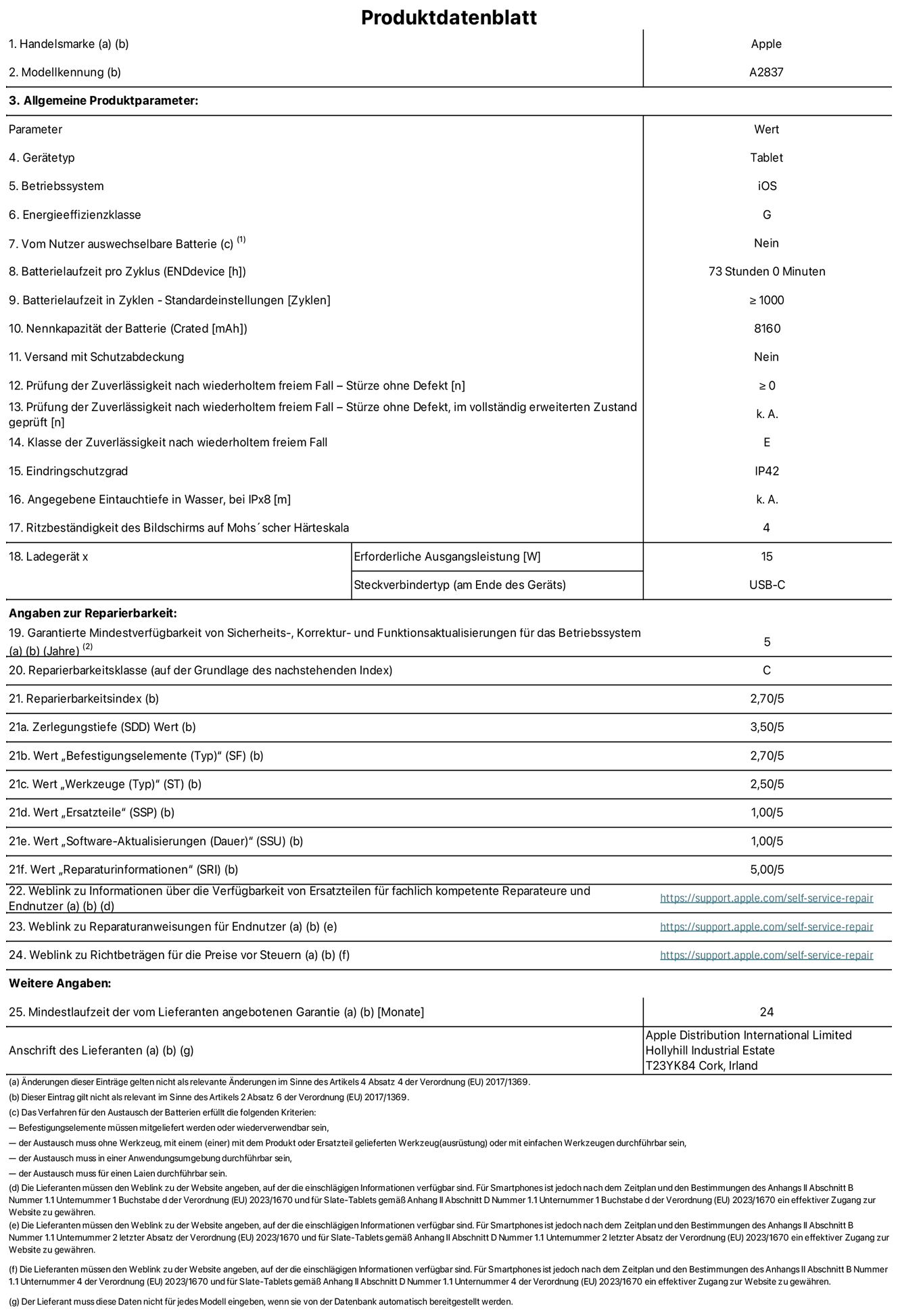 Produktinformationsblatt für 11" iPad Pro Wi‑Fi + Cellular. Modell A2837. Bereitgestellt von Apple Distribution International Ltd, Hollyhill Industrial Estate. Cork, Irland T23 YK84. Gerätetyp: Tablet. Betriebssystem: iOS. Energieeffizienzklasse: G. Vom Benutzer auswechselbare Batterie: nein. Batterielaufzeit: 73 Stunden. Batterielaufzeit in Zyklen: ≥ 1000. Nennkapazität der Batterie: 8160 mAh. Prüfung der Zuverlässigkeit nach wiederholtem freiem Fall – Stürze ohne Defekt: ≥ 0. Klasse der Zuverlässigkeit nach wiederholtem freiem Fall: E. Eindringschutzgrad: IP42. Ritzbeständigkeit des Displays auf Mohs’scher Härteskala: 4.  Erforderliche Ausgangsleistung des Ladegeräts: 15W. Anschluss Ladegerät: USB‑C. Garantierte Mindestverfügbarkeit von Sicherheits‑, Korrektur‑ und Funktionsaktualisierungen für das Betriebssystem: 5 Jahre. Reparierbarkeitsklasse: C. Reparierbarkeitsindex: 2,70/5. Wert „Zerlegungstiefe“: 3,50/5. Wert „Befestigungselemente“: 2,70/5. Wert „Werkzeuge“: 2,50/5. Wert „Ersatzteile“: 1,00/5. Wert „Software-Aktualisierungen“: 1,00/5. Wert „Reparaturinformationen“: 5,00/5. Weblink zu Informationen über die Verfügbarkeit von Ersatzteilen für fachlich kompetente Reparateure und Endnutzer: https://support.apple.com/self-service-repair. Weblink zu Reparaturanweisungen für Endnutzer: https://support.apple.com/self-service-repair. Weblink zu Richtbeträgen für die Preise vor Steuern: https://support.apple.com/self-service-repair. 24 Monate angebotene allgemeine Garantie.