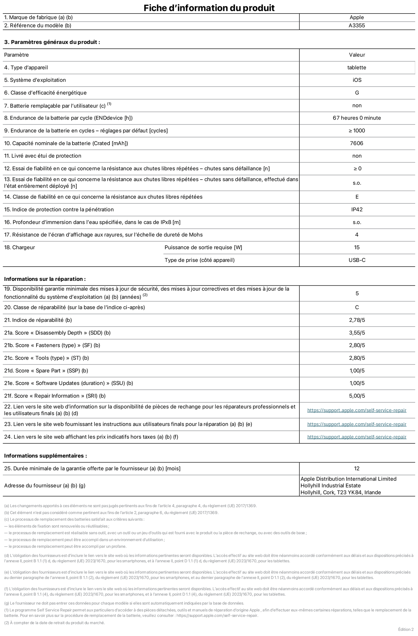 Fiche d’informations produit de l’iPad Wi‑Fi + Cellular, modèle A3355. Fournie par Apple Distribution International Ltd, Hollyhill Industrial Estate. Cork, T23 YK84, Irlande Type d’appareil : tablette. Système d’exploitation : iOS. Classe d’efficacité énergétique : G. Batterie remplaçable par l’utilisateur : non. Endurance de la batterie : 67 heures. Endurance de la batterie en cycles : ≥ 1 000. Capacité nominale de la batterie : 7 606 mAh. Essai de fiabilité en ce qui concerne la résistance aux chutes libres répétées – chutes sans défaillance : ≥ 0. Classe de fiabilité en ce qui concerne la résistance aux chutes libres répétées : E. Indice de protection contre la pénétration : IP42. Résistance de l’écran d’affichage aux rayures sur l’échelle de dureté de Mohs : 4. Puissance de sortie requise du chargeur : 15 W. Type de prise : USB‑C. Disponibilité garantie minimale des mises à jour de sécurité, des mises à jour correctives et des mises à jour de la fonctionnalité du système d’exploitation : 5 ans. Classe de réparabilité : C. Indice de réparabilité : 2,78/5. Score pour la profondeur de désassemblage : 3,55/5. Score pour les éléments de fixation : 2,80/5. Score pour les outils : 2,80/5. Score pour les pièces de rechange : 1,00/5. Score pour les mises à jour logicielles : 1,00/5. Score pour les informations de réparation : 5,00/5. Lien vers le site web d’information sur la disponibilité des pièces de rechange pour les réparateurs professionnels et les utilisateurs finaux : https://support.apple.com/self-service-repair. Lien vers le site web fournissant les instructions aux utilisateurs finaux pour la réparation : https://support.apple.com/self-service-repair. Lien vers le site web affichant les prix indicatifs hors taxes : https://support.apple.com/self-service-repair. Garantie générale de 12 mois offerte.