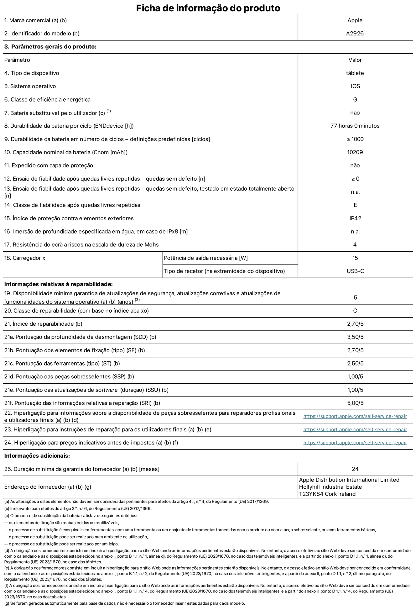 Folha de informações do produto para o iPad Pro de 13 polegadas Wi-Fi + Cellular. Modelo A2926. Fornecido pela Apple UK Ltd, 100 New Bridge Street, Londres EC4V 6JA. Tipo de dispositivo: tablet. Sistema operativo: iOS. Classe de eficiência energética para a gama dinâmica padrão: G. Autonomia da bateria de 77 horas. Autonomia da bateria em ciclos: ≥ 1000. Capacidade nominal da bateria: 10 209 mAh. Teste de fiabilidade após quedas livres repetidas - quedas sem defeito: ≥ 0. Classe de fiabilidade após quedas livres repetidas: E. Proteção contra elementos exteriores: IP42. Resistência do ecrã a riscos na escala de dureza de Mohs: 4. Potência de saída necessária do carregador de 15 W. Tipo de recetor do carregador: USB-C. Disponibilidade mínima garantida de atualizações de segurança, atualizações corretivas e atualizações de funcionalidades do sistema operativo: 5 anos. Classe de reparabilidade: C. Índice de reparabilidade: 2,70/5. Pontuação da profundidade de desmontagem: 3,50/5. Pontuação dos elementos de fixação (tipo): 2,70/5. Pontuação das ferramentas: 2,50/5. Pontuação das peças sobresselentes: 1,00/5. Pontuação das atualizações de software: 1,00/5. Pontuação das informações relativas a reparação: 5,00/5. Hiperligação para informações sobre a disponibilidade de peças sobresselentes para reparadores profissionais e utilizadores finais: https://support.apple.com/self-service-repair. Hiperligação para instruções de reparação para utilizadores finais: https://support.apple.com/self-service-repair. Hiperligação para preços indicativos antes de impostos: https://support.apple.com/self-service-repair. Oferta de garantia geral de 24 meses.