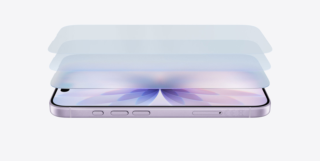 iPhone 17 i farven lavendel ligger vandret, et lagdelt design viser Ceramic Shield 2