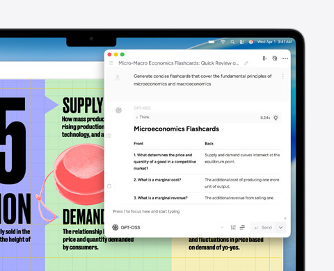 Ecrã do MacBook Air a apresentar as ferramentas de escrita da Apple Intelligence a criar cartões de estudo sobre micro e macroeconomia