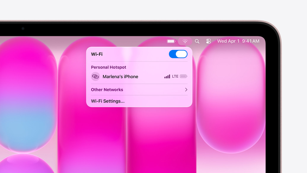 MacBook Neo, blush colour, Wi-Fi menu shows Personal Hotspot section with "Marlena's iPhone" as an option to select