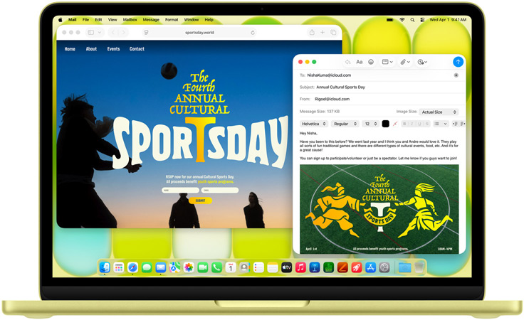 MacBook Neo, citrus colour, hands on keyboard, user is composing an email invitation to a sports event, website for the event open alongside