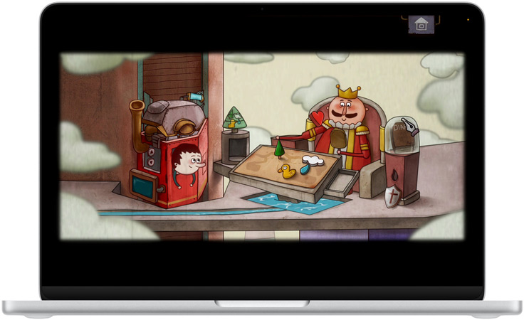 MacBook Neo, silver colour, screen shows a scene from the game One Way: The Elevator