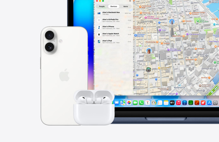 Apple Watch, text onscreen reads “This device is marked as lost, please contact me” with phone number, next to iPhone, AirPods Pro and MacBook Neo, indigo colour, screen shows Find My app with map and list of devices with their locations