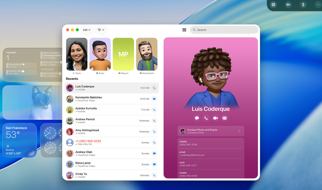 MacBook Pro, Phone app open, a contact displayed from a recent call