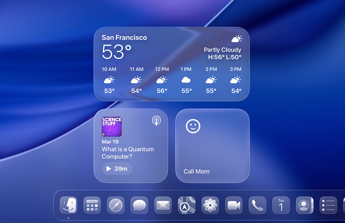 Liquid Glass Weather, Podcasts and Reminders widgets on macOS Tahoe screen