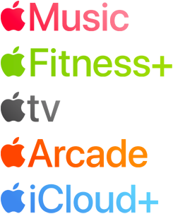 Eine Liste von Apple Services: Apple Music, Apple Fitness Plus, Apple TV, Apple Arcade und Apple iCloud Plus