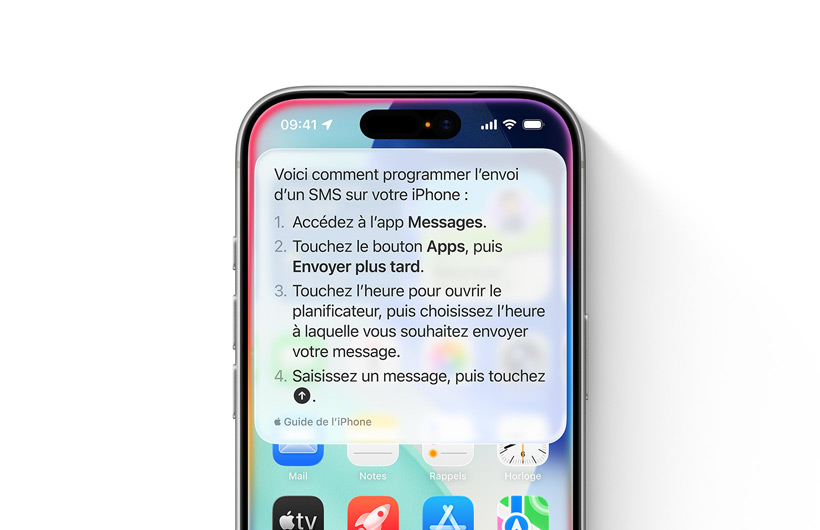 Un iPhone affiche les instructions étape par étape pour programmer l’envoi d’un SMS.