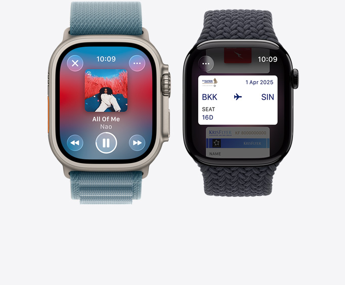 Apple Watch Ultra 3, titanium case, natural color, Apple Music app, now playing screen, Apple Watch Series 11,  aluminum case, polished jet black color