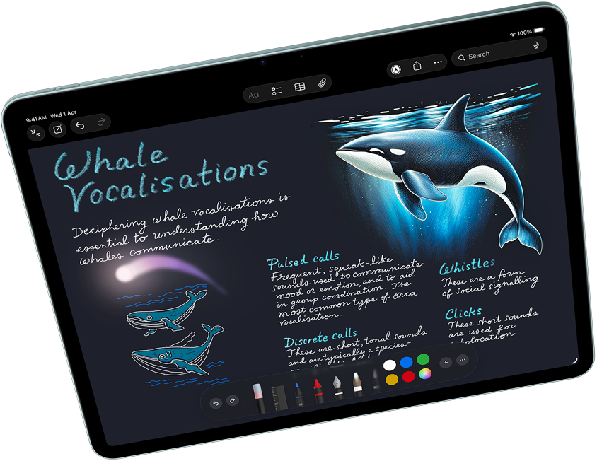 Landscape view of iPad Air showcasing Apple Intelligence with Image Playground and Keynote, Apple Pencil Pro