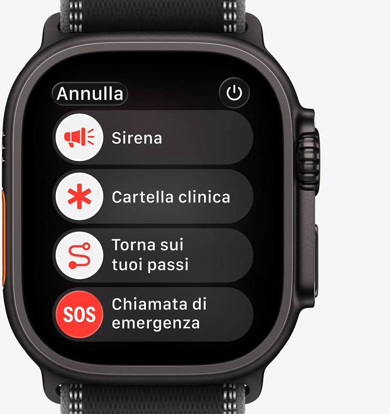 Apple Watch Ultra 3, titanium case, black color, emergency assistance options onscreen: siren, medical ID, compass backtrack, emergency call
