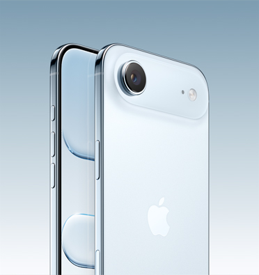 iPhone Air in Sky Blue finish, partial-screen display and side angle shows - Action button, volume button and side button. Back exterior shows Fusion camera system in top left corner.