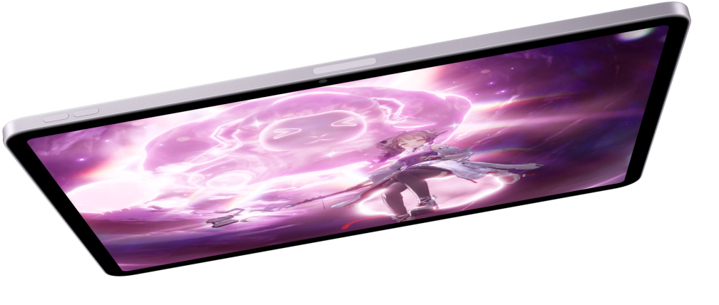 iPad Air in landscape orientation and displaying a video game, two other iPad Air models below