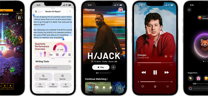 Side-by-side iPhone 17e devices showing different screens: a game being played, Writing Tools, Apple TV app, Apple Music App, a Genmoji being created.
