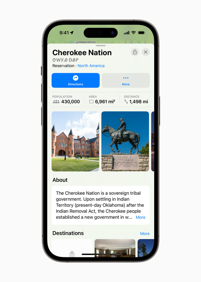 An Apple Maps screen shows details on the Cherokee Nation.