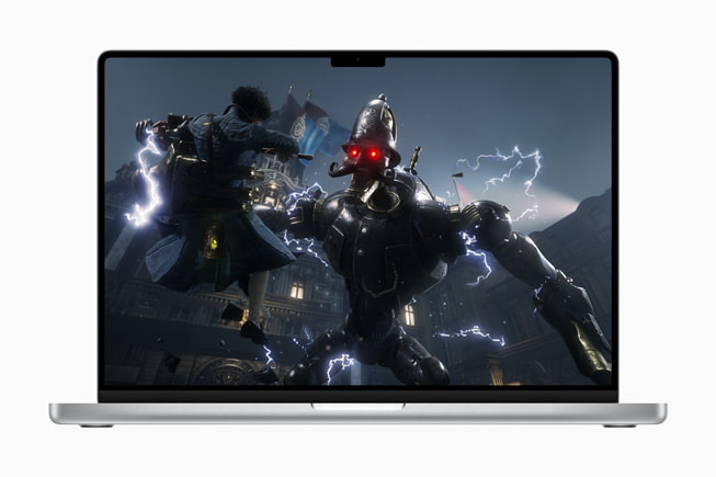Lies of P gameplay displayed on MacBook Pro. 