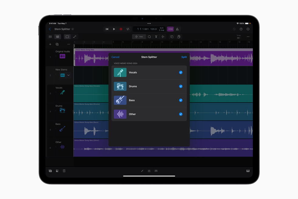 iPad 版 Logic Pro 2 的 Stem Splitter 功能顯示於 iPad Pro 上。 