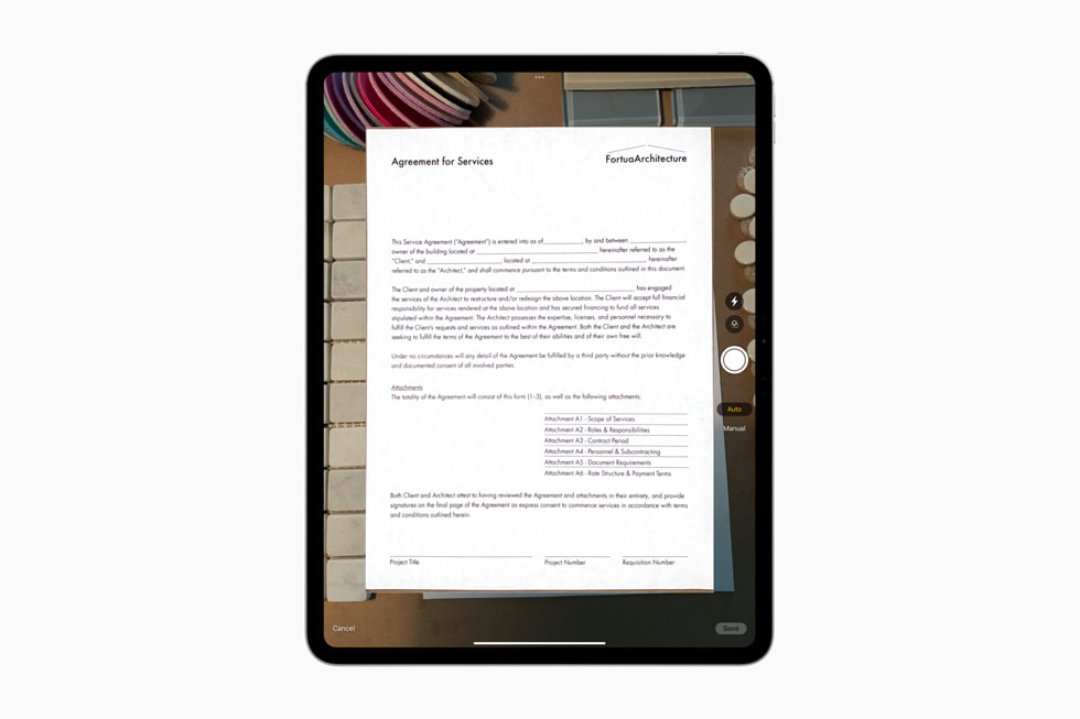 在新款 iPad Pro 上使用「原彩」閃光燈掃描出的文件。 