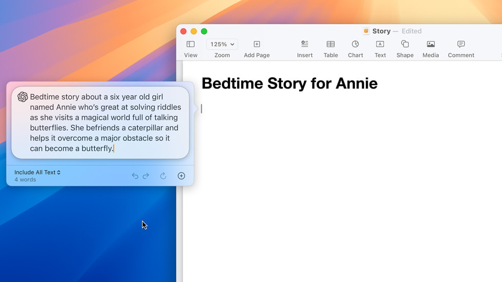 Dengan menggunakan alat Tulis di Pages, pengguna memasukkan permintaan untuk menulis dongeng pengantar tidur tentang anak berusia 6 tahun bernama Annie yang mahir dalam memecahkan teka-teki.