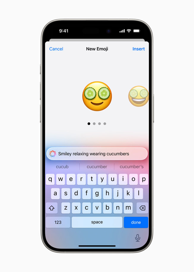 Seorang pengguna memilih opsi Genmoji berdasarkan permintaan, “Smiley bersantai memakai mentimun.”