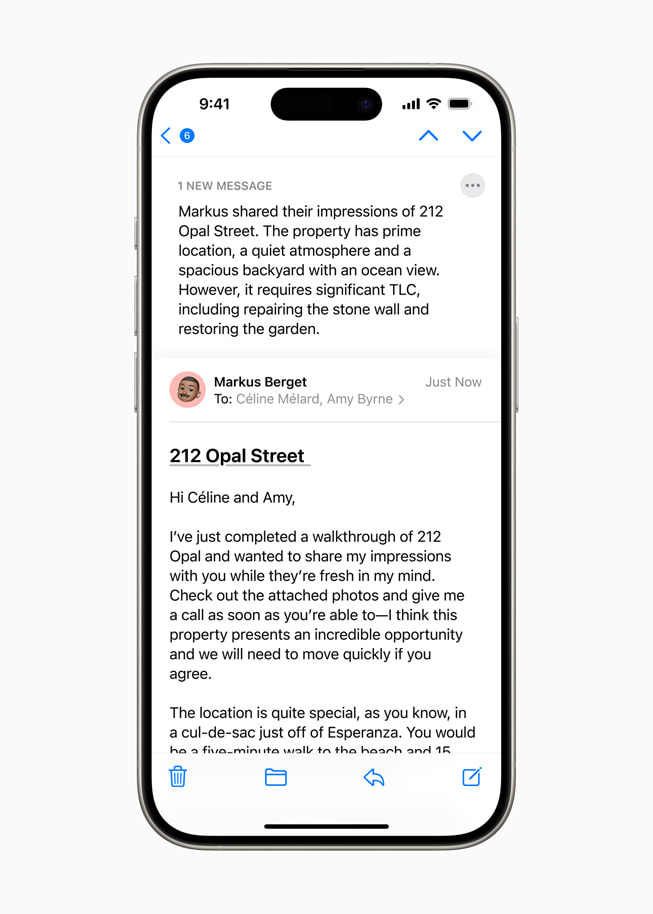 Fitur ringkasan pratinjau email ditampilkan di iPhone 15 Pro.
