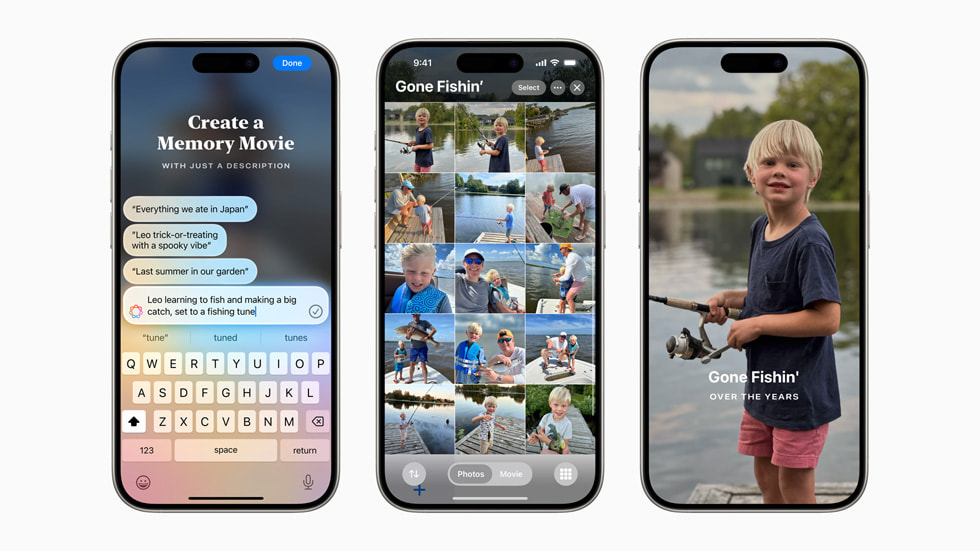 Tiga layar iPhone 15 Pro menunjukkan cara pengguna dapat membuat Film Memori.