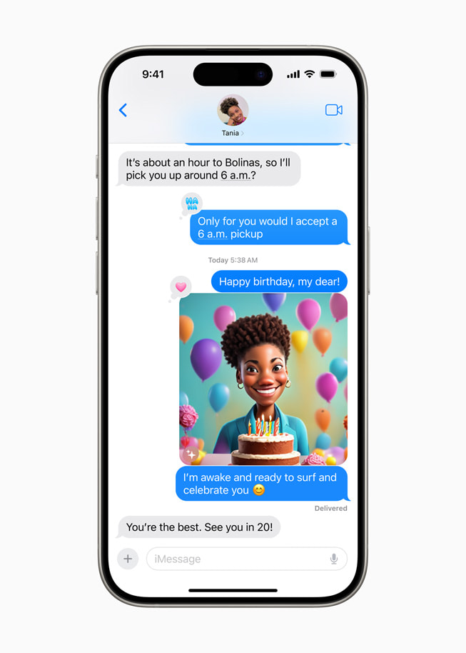iPhone 15 Pro menampilkan cara kerja Image Playground di Pesan.