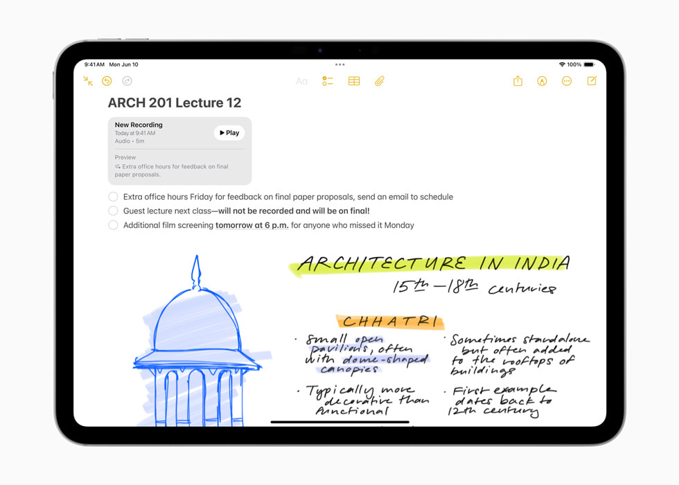 iPad Pro menampilkan kemampuan untuk merekam dan mentranskripsikan audio di aplikasi Catatan.