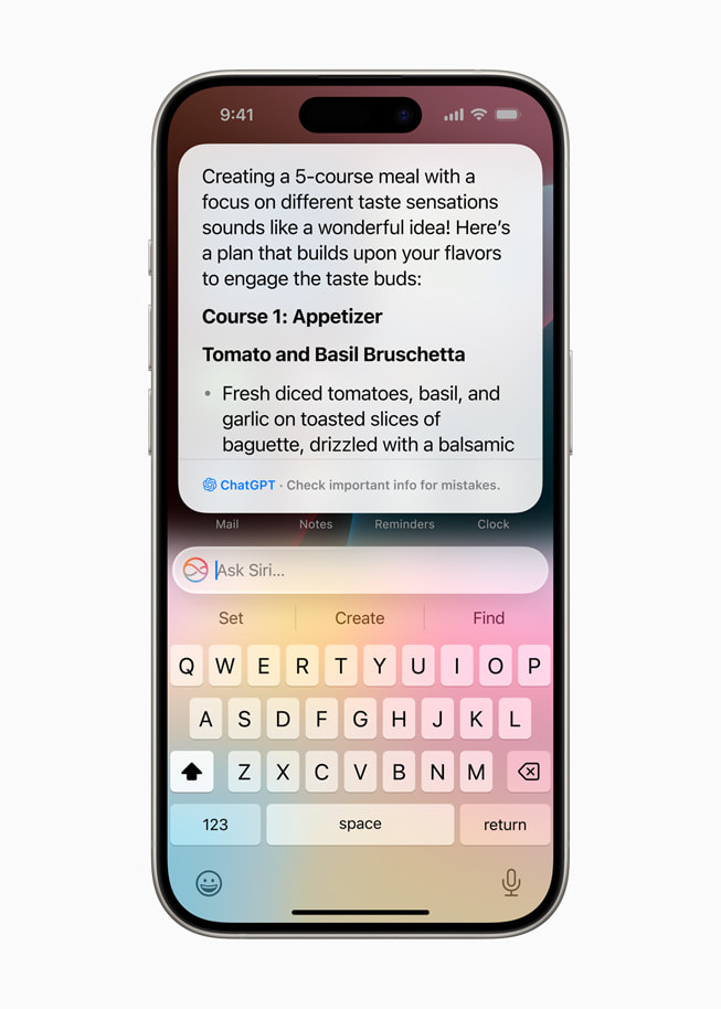 Di iPhone 15 Pro, hasil ChatGPT ditampilkan melalui Siri. Hidangan pertama — bruschetta basil dan tomat — dijabarkan dalam satu poin.