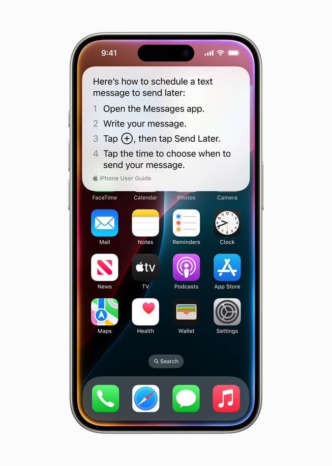 Di iPhone 15 Pro, Siri menjawab pertanyaan pengguna tentang menjadwalkan pesan teks.