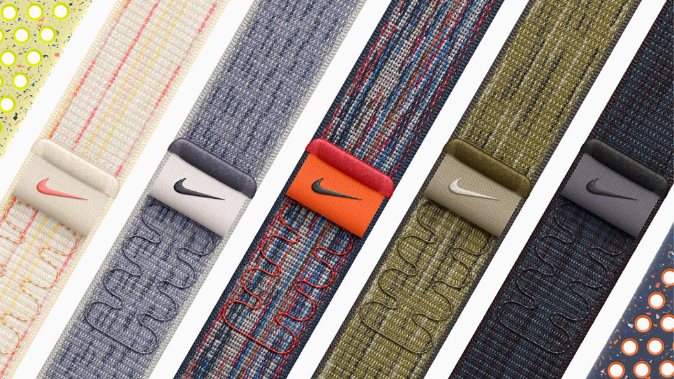 Les couleurs éclatantes de la Boucle Sport Nike et du Bracelet Sport Nike sont présentées.