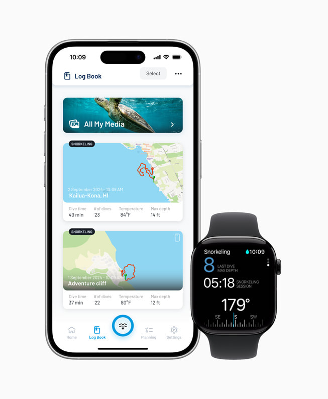 L’app Oceanic+ est affichée sur l’iPhone 16 Pro et sur l’Apple Watch Series 10.