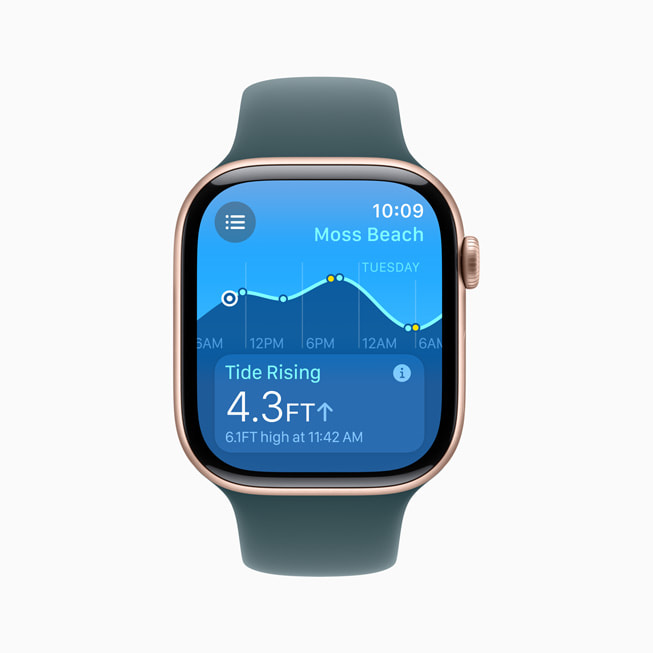 L’app Marées montre une marée haute de 4,9 pieds sur l’Apple Watch Series 10.