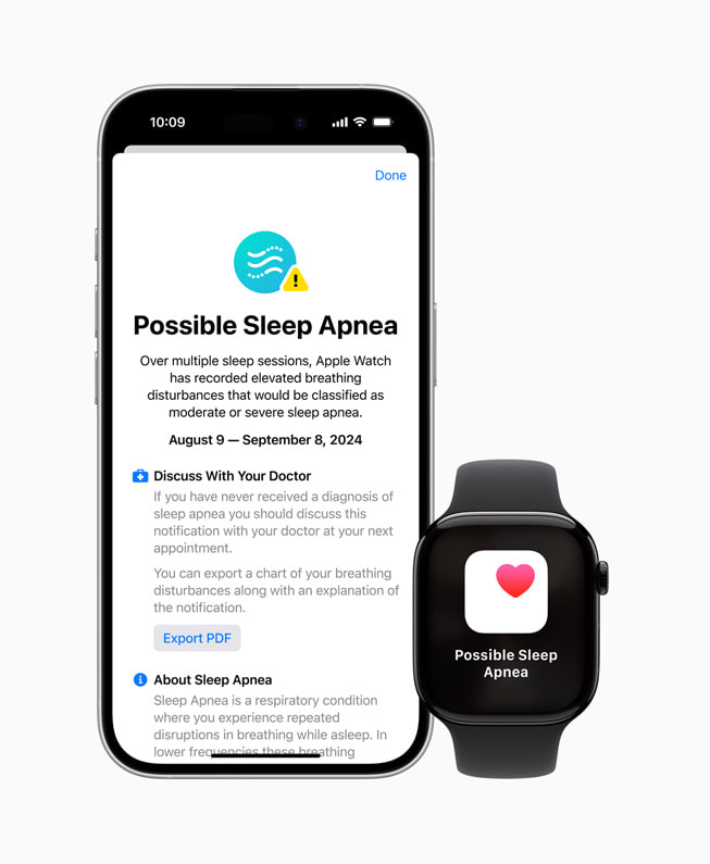 L’iPhone 16 Pro et l’Apple Watch Series 10 montrent une notification « Apnée du sommeil possible », et l’iPhone 16 Pro donne plus de détails.