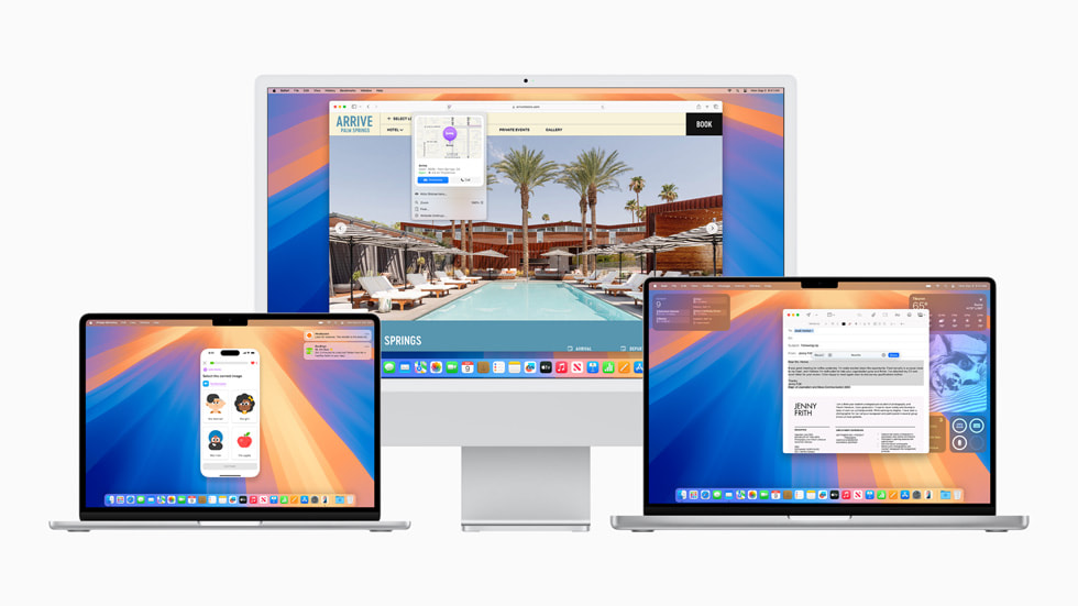 MacBook Airに表示されているiPhoneミラーリング、iMacに表示されているSafariのハイライト、MacBook Proに表示されている作文ツール。 