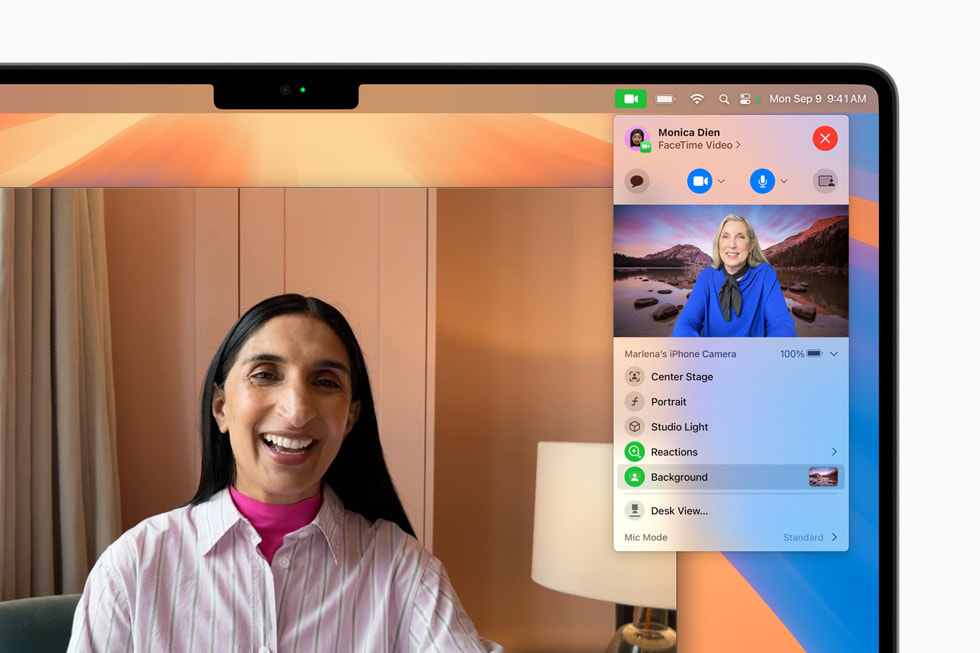 macOS Sequoiaで、選択した背景を設定したFaceTimeのセッション。