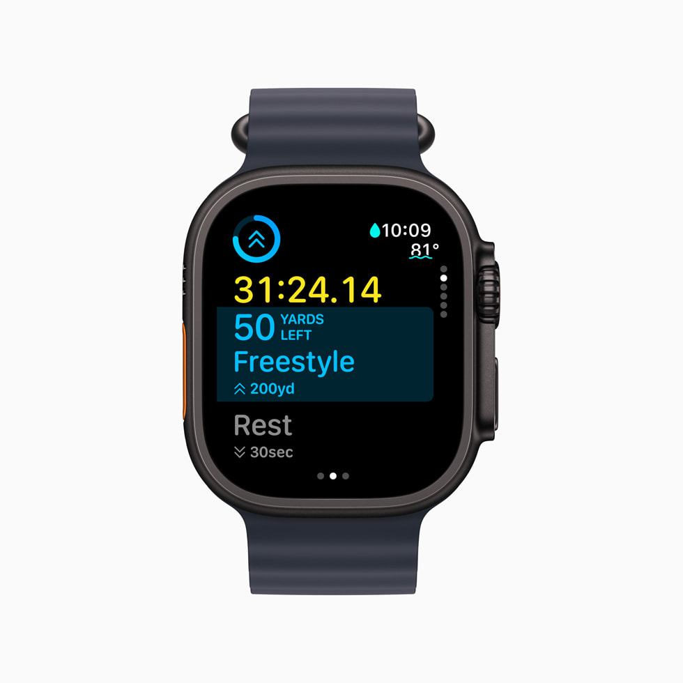 Apple Watch Ultra 2に表示されている、進行中のプールスイミングのカスタムワークアウト。